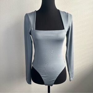 Lilamor Bodysuit Sz Large Blue Grey Long Sleeve Square Neck Snap Closure Bodycon